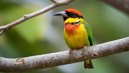 Obraz premium A colorful bird is perched on a branch with a green background
