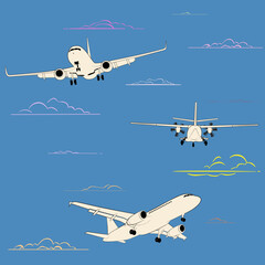 Set of aircrafts and colored clouds. Ideal design elements for backgrounds and wallpapers. Marvelous blue sky pattern. Perfect for travel, aviation, and transportation themes. Muted colors.