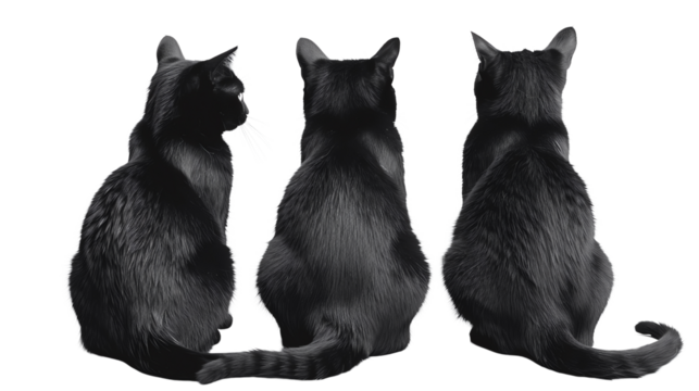 Three black cats sitting side by side, facing away from the camera. Perfect for themes of mystery, companionship, and feline behavior.