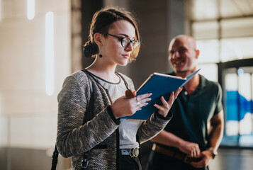 Young woman with glasses using a tablet while collaborating with a colleague at night in a contemporary office setting.