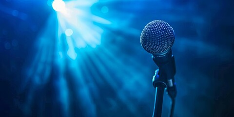 Microphone On Stage With Blue Spotlight.