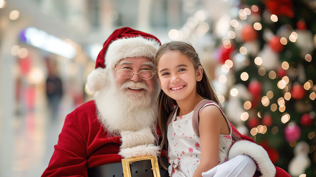 photo of a smiling cute young girl sitting on Santa's lap, in a mall setting