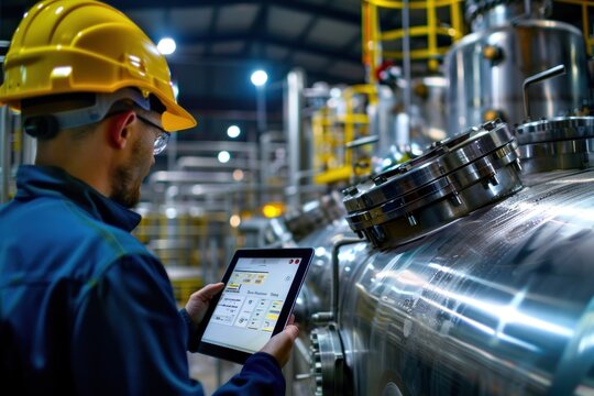 Engineer holds tablet in food and beverage industry, production line inspection control, high pressure tank production line Production control work in industrial plants