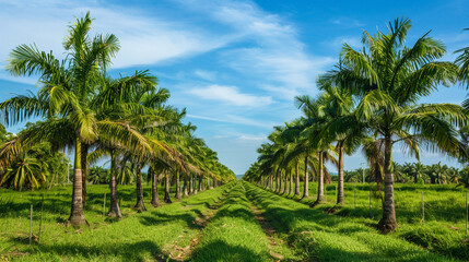 Obraz premium A picturesque coconut grove with rows of palm trees stretching towards the horizon under a bright blue sky.