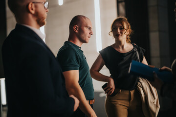 Group of colleagues engaging in a conversation at a night business meeting in a contemporary office setting.