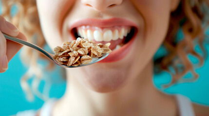 Naklejka premium Close-up to a beautiful blonde woman's mouth with good healthy teeth biting a spoon of cereals with milk for breakfast commercial with empty copy space