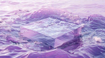 Transparent square podium on calm purple water texture with waves Abstract background for product display Top view with copy space