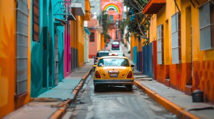 Fototapeta premium Taxi cab navigating a labyrinth of colorful streets AI generated illustration