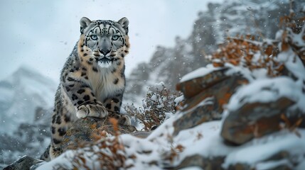 Fototapeta premium Majestic Snow Leopard Prowling Through Icy Alpine Landscape