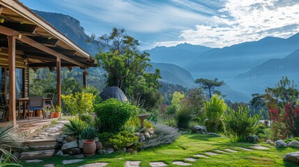 Tranquil scene of a peaceful eco retreat in the mountains  AI generated illustration