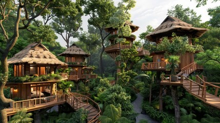 Obraz premium Treehouse village in a lush forest AI generated illustration