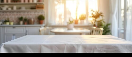 Macro view of a white table with a clean tablecloth in a laundry room, blurred background, soft lighting, interior mockup with ample copy space, minimalist and tidy