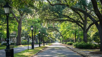 Fototapeta premium Tree-lined streets with old-fashioned lampposts AI generated illustration