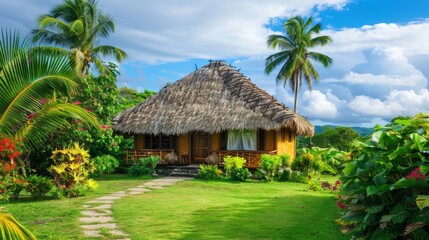 Tropical bungalow with a thatched roof  AI generated illustration