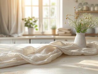 Closeup of a white table with a pristine tablecloth in a laundry room, blurred background, soft natural light, interior mockup with clear copy space, tidy and simple