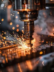 Super realistic CNC machining of stainless steel in a factory, detailed metal fabrication, bright sparks, advanced machinery, precision and intricate manufacturing process