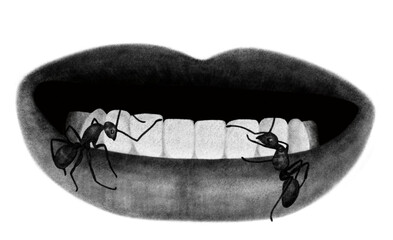 Mouth with ants, surreal psychedelic chalk tattoo illustration