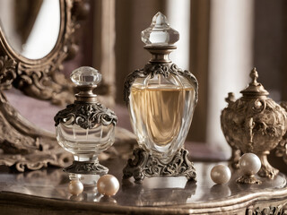 A timeless perfume bottle with elegant curves, placed on an antique dressing table with classic perfumes, pearls, and an ornate mirror in the background.