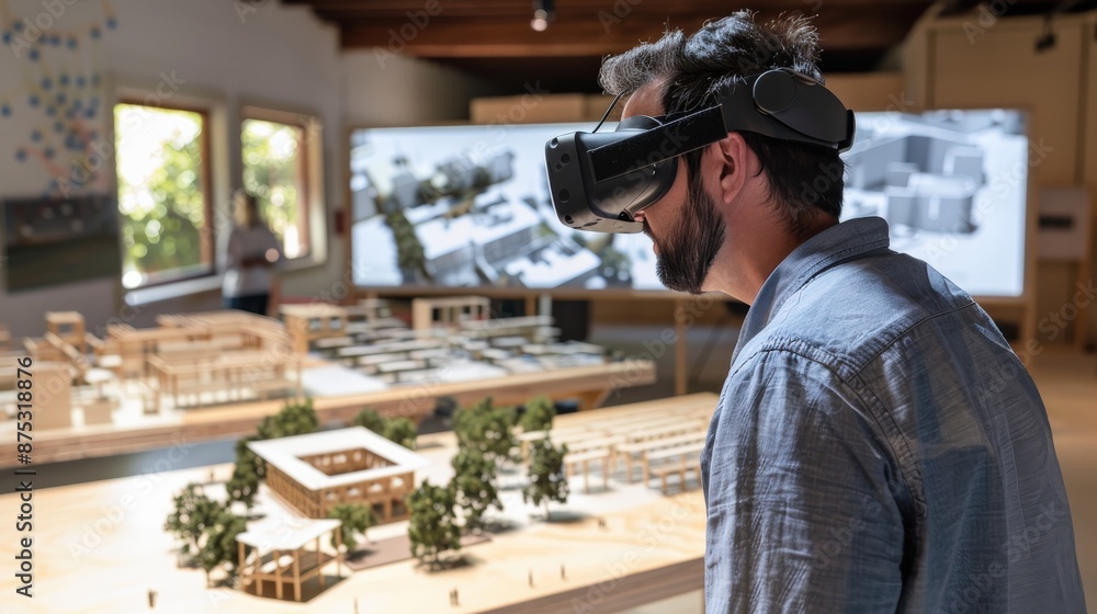 Poster a man wearing a virtual reality headset is looking at a model of a building. the scene is set in a r