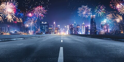 Empty Road Leading Towards Fireworks Display in City.