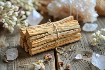 Bundle of palo santo sticks tied with a natural twine, resting on an aged wooden table with a backdrop of white sage and crystals