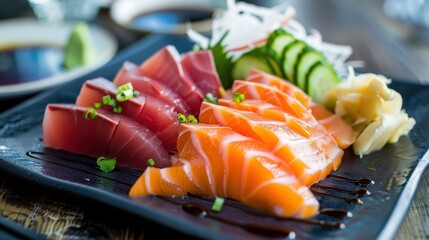 Close-up of a delicious sashimi platter featuring fresh salmon and tuna slices, beautifully garnished with vegetables and wasabi.