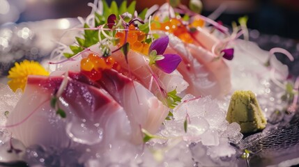 Close-up of beautifully plated sashimi on ice garnished with edible flowers, herbs, and roe in a fine dining setting.