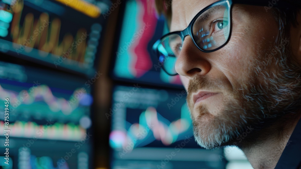 Poster a man is looking at a computer screen with multiple graphs and numbers. he is wearing glasses and he