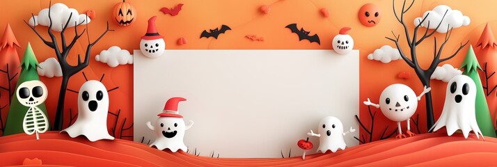 Halloween Banner with Ghosts and Skeletons