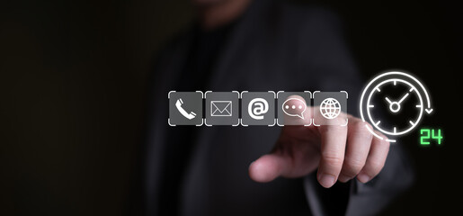 Business person use smartphone for contact 24 hours customer service support or purchase order from online shopping. Global marketing that allow business to connect with insight customer data