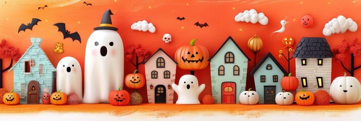 Halloween Town with Ghosts and Pumpkins