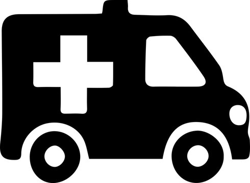 recommend clip art: Black and white ambulance icon with cross, representing emergency response and healthcare services, shown in a minimalist style.
