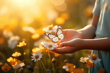 Childs gentle touch: a close-up of delicate butterfly perched on small hands amidst wildflowers at sunset