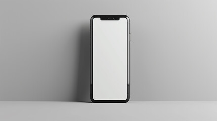 White smartphone mockup with blank screen on light grey background.