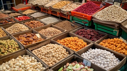 A high-resolution photo of a variety of nuts and dried fruits in a market stall
