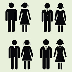 stick figure, set of icons people, basic movement, man poses, pictogram human silhouettes. Set of people icons in black – man and woman. Stickman business partners.