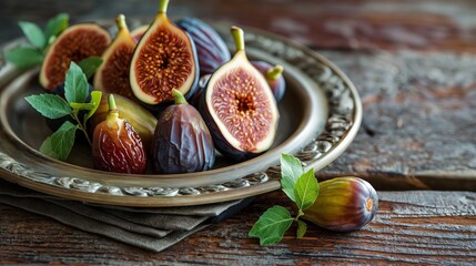 A high-resolution photo of fresh figs and dates on a rustic plate