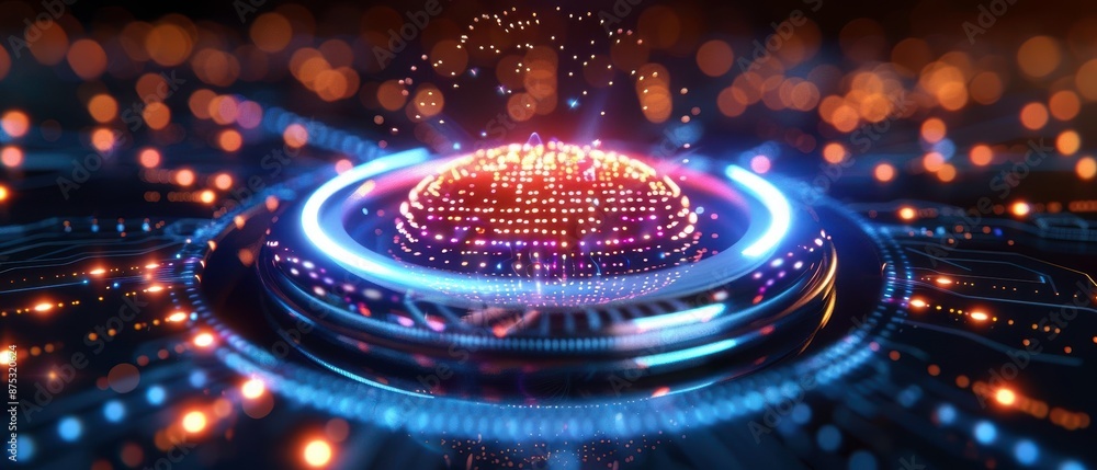 Poster a high-tech digital representation of a glowing spherical core with dynamic lights, symbolizing futu