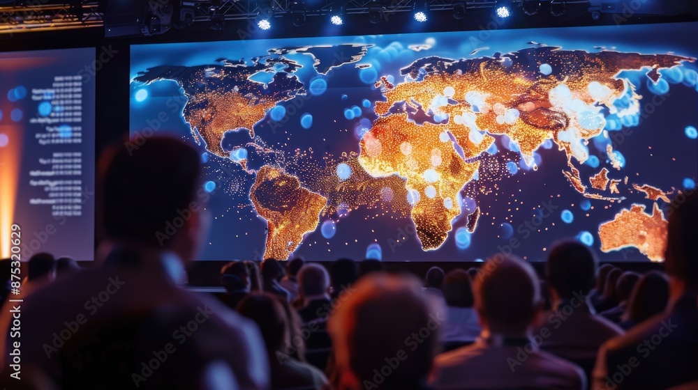Aufkleber a large screen shows a map of the world with a red and blue color scheme. a crowd of people are watc