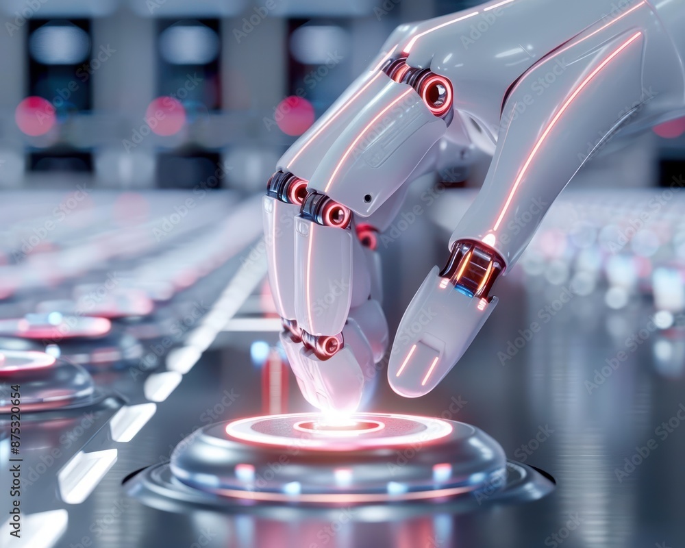 Poster a robotic hand interacts with a futuristic control panel, highlighting advanced technology and artif