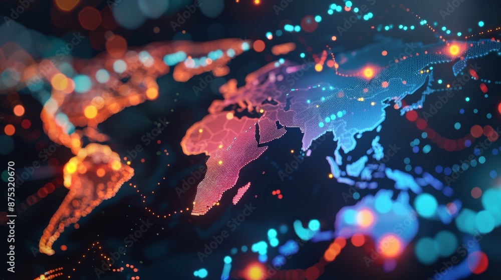 Poster a colorful map of the world. the map is made up of many small dots, giving it a pixelated appearance