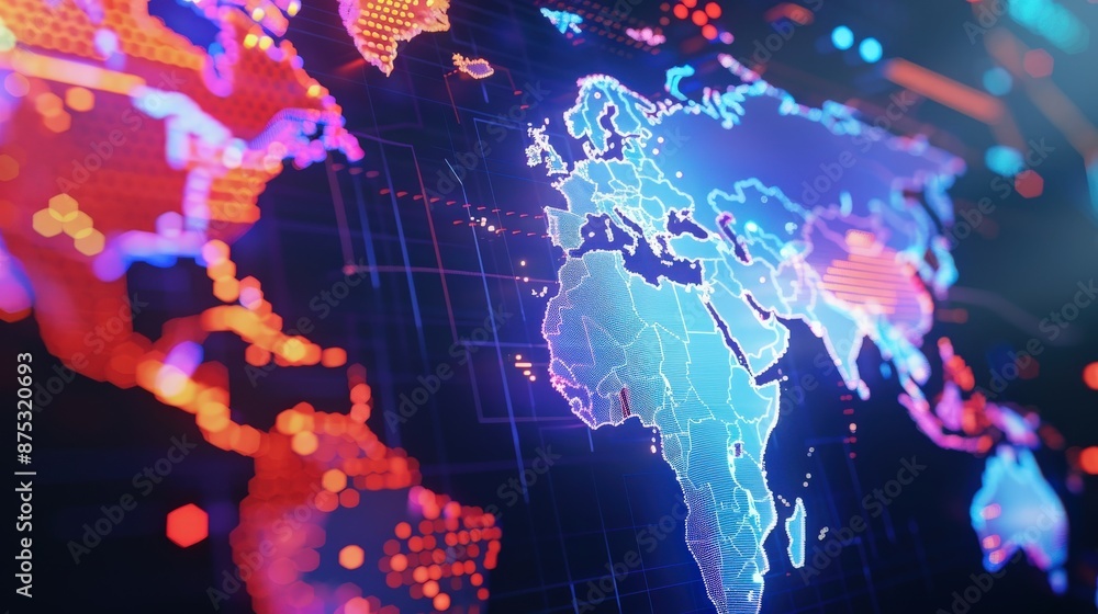 Aufkleber a colorful map of the world. the map is made up of many small dots, giving it a pixelated appearance