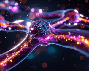 A vivid 3D illustration of interconnected neurons with glowing electric impulses, depicting neural activity and brain functions.