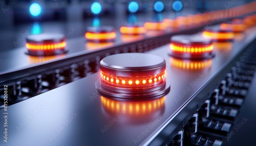 Poster close-up of a futuristic conveyor belt with glowing circular objects in a high-tech industrial setti