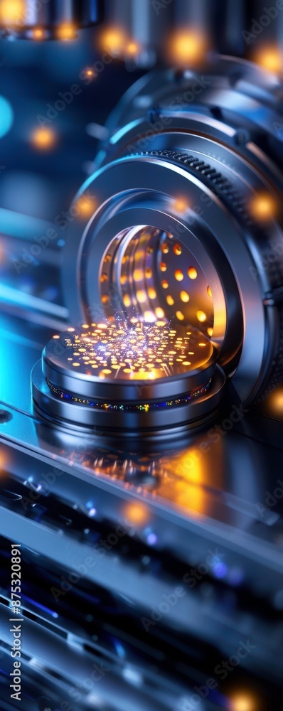 Poster close-up of a camera lens showcasing intricate mechanics with sparkling highlights, creating an abst