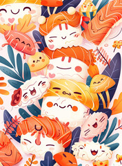 Obraz premium Cheery Sushi and Shio SoymJason's Friendship Day Invitation with Colorful Cartoon Characters, Pastel Backgrounds, and Heartwarming Gestures, Summer Stock Vector Illustration