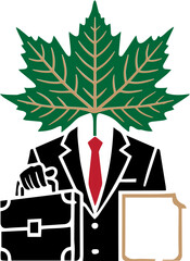 Naklejka premium Illustration of a professional with a leaf head, holding a briefcase and document, symbolizing eco-friendly business practices and sustainability.