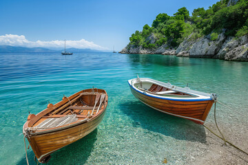 Fototapeta premium Boats anchored near the shore with clear, calm waters.