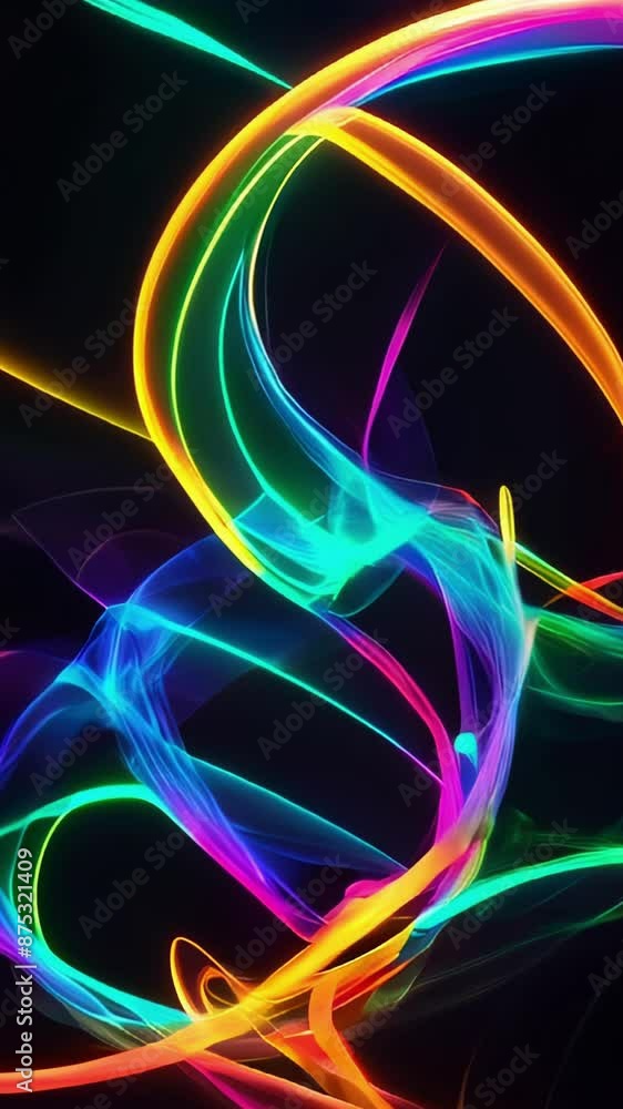 Poster animation of bright and colorful neon light trails and rays swirling and dancing across a black back