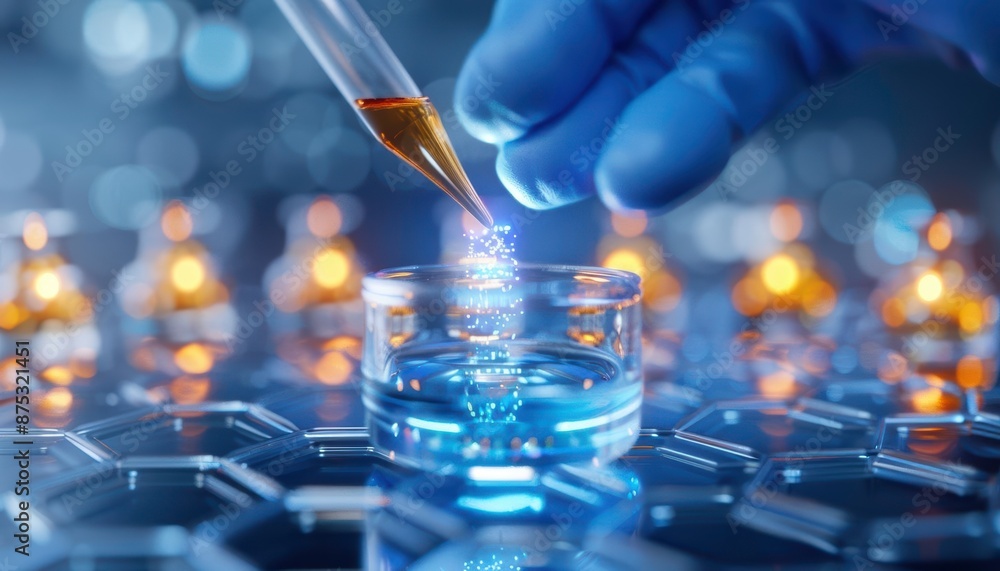 Poster close-up of gloved hand using a pipette in a lab setting, symbolizing scientific research and innova